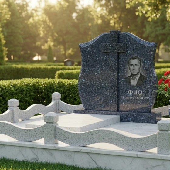 Вертикальный гранитный памятник с крестом для мемориального комплекса в Тюмени, гранит Блю Перл