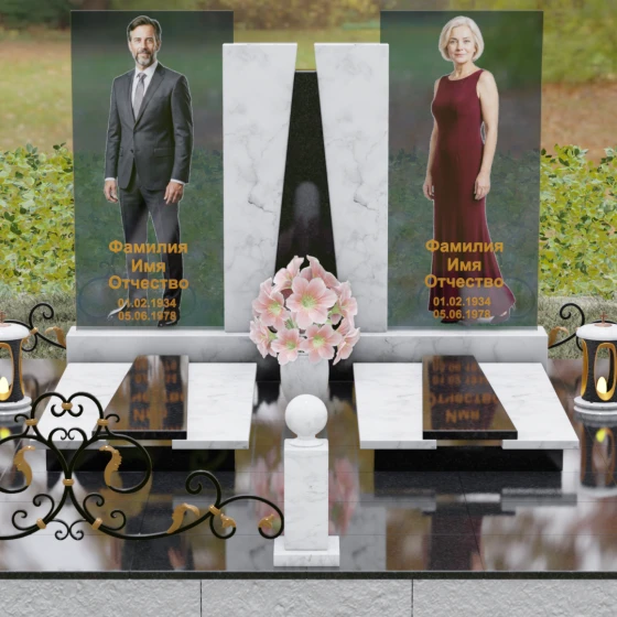 Горизонтальный светский памятник на двоих в Волгограде, мрамор Тассос, вид 2