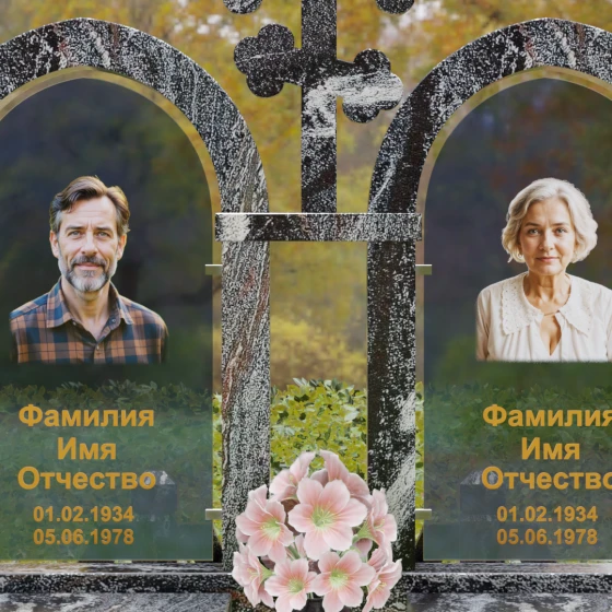 Православный памятник с крестом на двоих в Перми, гранит амфиболит