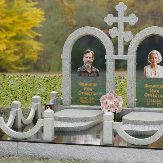 Православный памятник с крестом на двоих в Перми, гранит Мансуровский, вид 4