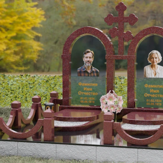 Православный памятник с крестом на двоих в Перми, гранит Лезниковский, вид 4