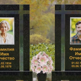 Вертикальный гранитный с крестом памятник для двоих - П248