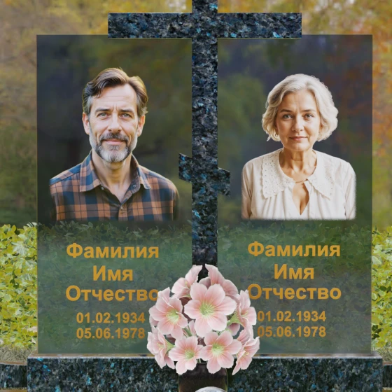 Православный комбинированный памятник с крестом в Перми, гранит Блю Перл