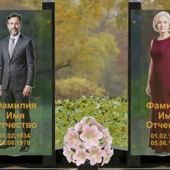 Вертикальный памятник гранит|стекло на двоих в Ханты — Мансийске, гранит Габбро-диабаз, в Ханты-Мансийске