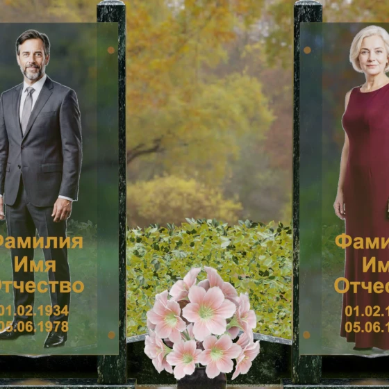 Вертикальный памятник гранит|стекло на двоих в Ханты — Мансийске, гранит Балтик грин, в Ханты-Мансийске