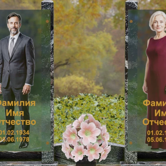 Вертикальный памятник гранит|стекло на двоих в Ханты — Мансийске, гранит амфиболит, в Ханты-Мансийске