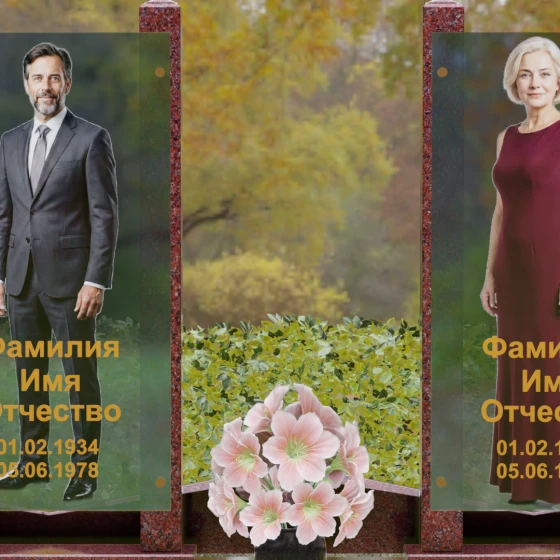 Вертикальный памятник гранит|стекло на двоих в Ханты — Мансийске, гранит Лезниковский, в Ханты-Мансийске