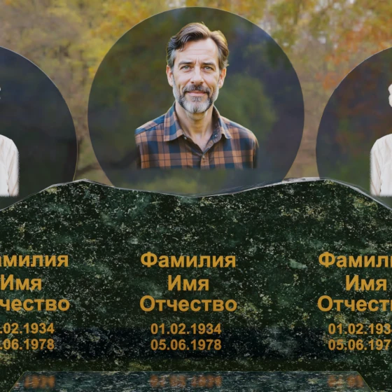 Горизонтальный гранитный памятник для троих в Оренбурге, гранит Балтик грин