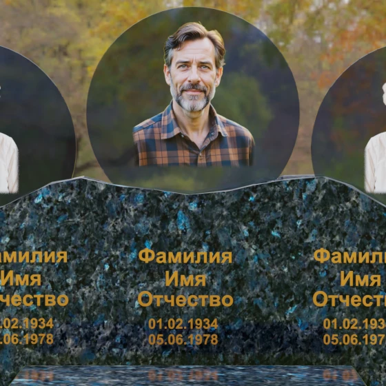 Горизонтальный гранитный памятник для троих в Оренбурге, гранит Блю Перл