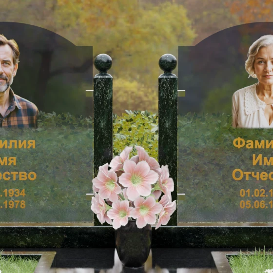 Горизонтальный комбинированный памятник для двоих в Казани, гранит Балтик грин
