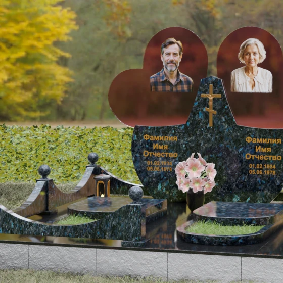 Православный памятник с крестом на двоих в Перми, гранит Блю Перл, вид 4