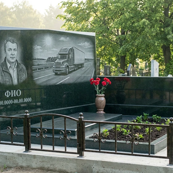 Гранитный памятник дальнобойщику с магистральным тягачом