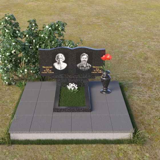 Изящный памятник — волна с цветком из гранита, гранит Габбро-диабаз, вид 3
