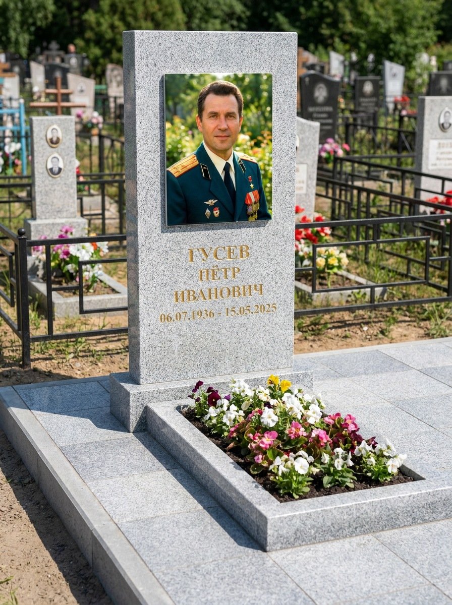 Портрет на памятнике в Оренбурге — Прямоугольник на гранитной стеле, ФИО и даты на портрете